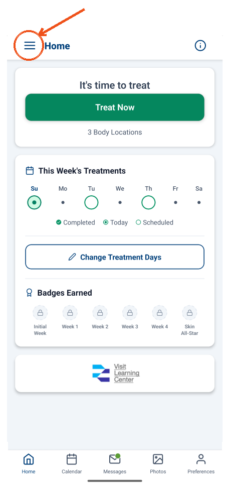 Zerigo Health app Home screen with the menu icon in the top left corner