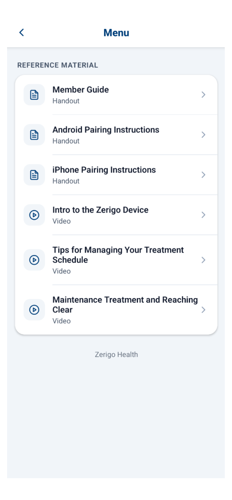 Zerigo Health app menu showing the Reference Material list of handouts and videos
